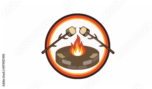 A vector graphic illustration of a campfire with marshmallows on sticks