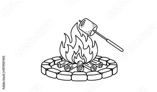 A vector graphic illustration of a campfire with a marshmallow on a stick