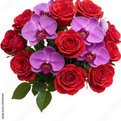 Vibrant bouquet of red roses and purple orchids, lush arrangement isolated on white background