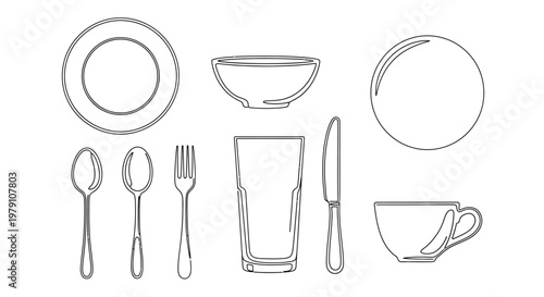 Continuous line drawing of dinnerware set with plate, bowl, glass, and cutlery