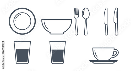 Modern flat line icons of dining set with cup and saucer