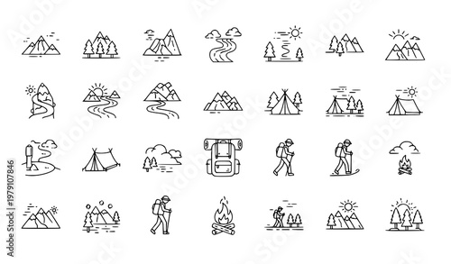 A collection of minimalist camping icons in a vector graphic design