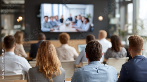Audience of corporate employees watching virtual global town hall meeting on large screen. Large diverse business team attending remote video conference or webinar presentation.