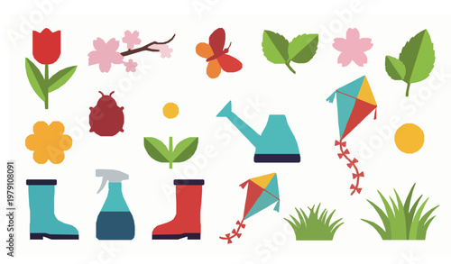 A colorful vector graphic illustration of gardening and outdoor fun icons