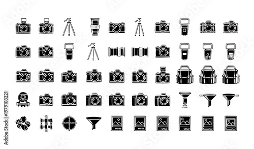 A collection of black and white camera icons and photography symbols