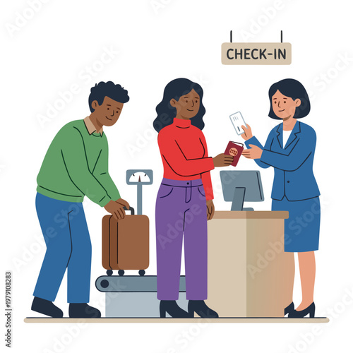 Airport checkin counter with passengers and staff.