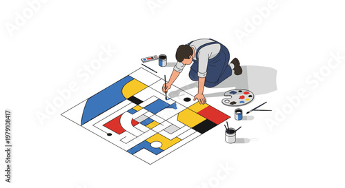 Artist painting colorful geometric shapes.