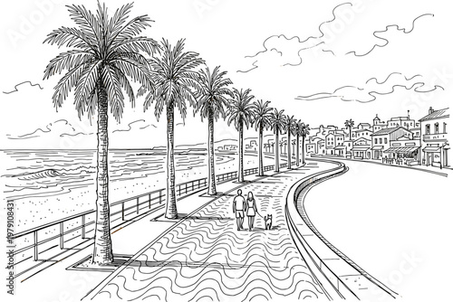 Seaside promenade with palm trees and coastal town line drawing showing ocean view walkway and relaxing urban beach landscape