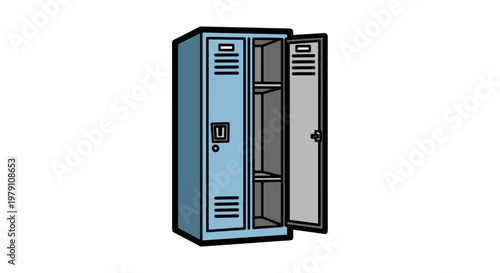 Steel school locker with open doors.