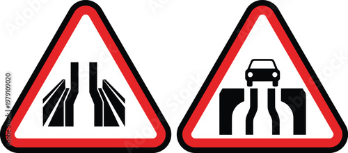 Road signs indicating a narrowing road and a bridge