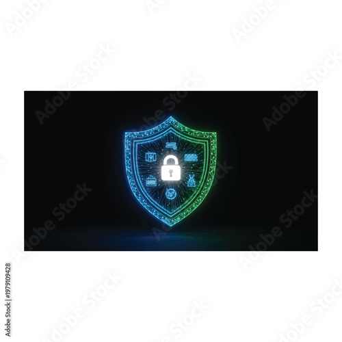 Advanced cybersecurity shield protecting networks, detecting threats, preventing breaches, ensuring data integrity

