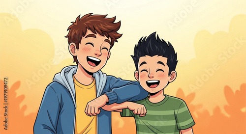 Two happy boys laughing together outdoors in warm sunny environment with friendly gesture