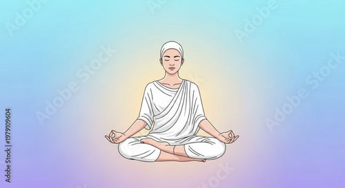Serene buddhist monk meditating in lotus position with closed eyes on pastel background