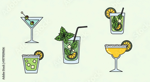 Variety of colorful cocktails with fruits and herbs on a light background perfect for menu design or beverage advertising