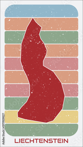 Liechtenstein vintage logo. Shape of the country on retro colored stripes background. Liechtenstein map design with grunge scratch texture. Vector illustration.