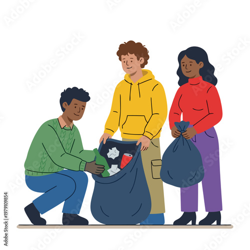 Diverse group of volunteers collecting trash for environmental cleanup.