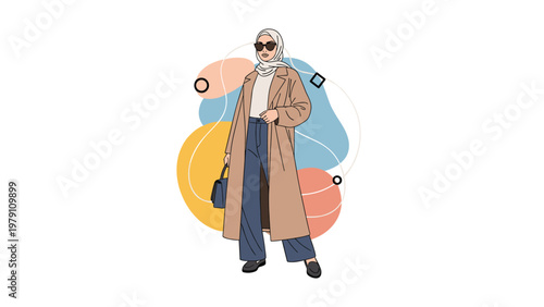 Portrait of a fashionably dressed woman wearing a hijab and a long brown coat holding a handbag in a park.