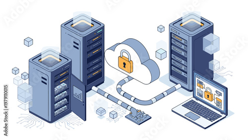 Isometric technical illustration of data center server racks connected to a secure cloud storage system for protected digital information.