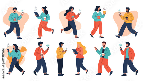 Diverse collection of people walking while distracted by their mobile phones and digital tablets in a contemporary urban environment.