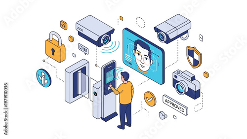 High-tech biometric security concept featuring a person undergoing facial recognition at an automated gate with surveillance cameras.