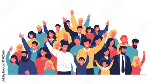 Large group of diverse people from different backgrounds standing together to form the shape of a giant question mark on white.