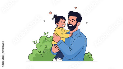Happy father holds his young daughter in his arms as they enjoy a moment of deep affection together while surrounded by green bushes.