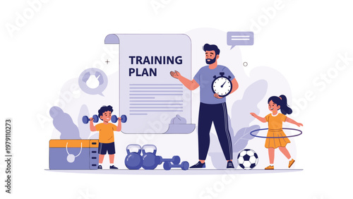 Professional fitness trainer presents a training plan to two young children while surrounded by sports equipment.