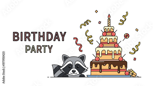 Cheerful birthday party scene features a cute raccoon sitting next to a massive tiered chocolate cake with candles.