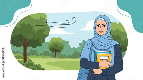 Young muslim woman in a blue hijab holds her textbooks while standing in a beautiful park with a gentle breeze.