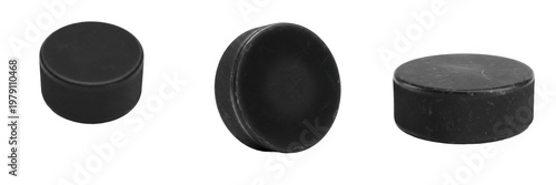 Quadro su tela Ice Hockey Puck isolated on white background, Vulcanized Rubber, Rondelle de Hockey, Disco de Hockey, Professional Game Puck, Winter Sports Equipment