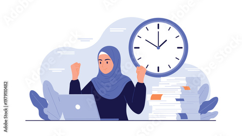 Dedicated woman in a hijab works on her laptop at a desk piled with papers while a giant clock shows time passing.