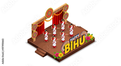 Isometric vector illustration of a stage decorated for a happy Rongali Bihu festival celebration, featuring dancers in traditional attire performing the Bihu dance, with vibrant colors