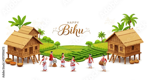 Rongali Bihu celebrations are depicted in a vibrant vector illustration, showing traditional dancers performing near rural stilt houses and lush terraced fields, embodying the Assamese new