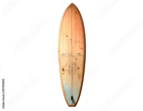 Vintage wooden surfboard with faded graphic, isolated