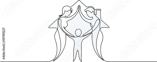 Continuous line drawing of two parents protecting their young child under a symbolic roof shape for a happy modern family