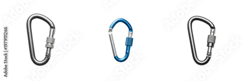 Foto Metal Climbing Carabiner isolated on white background, Mousqueton, Mosquetón, Mountaineering Hardware, Safety Locking D-ring, Climbing Gear