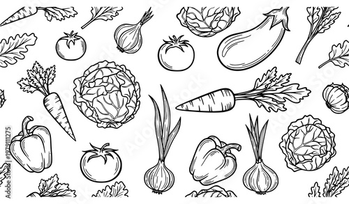 Hand drawn vegetable doodle seamless texture organic food fashion pattern vector isolated on white background