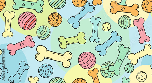 Cute Dog Bone and Ball Pattern, Playful Pet Toys Seamless Background, Kawaii Animal Illustration