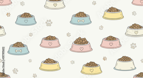 Cute Pet Food Bowl Pattern with Paw Prints - Adorable Animal Feeding Background