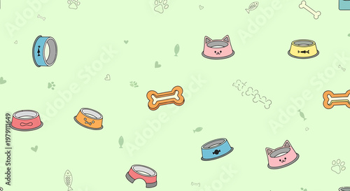 Cute Pet Food Bowls and Bones Pattern on Light Green Background, Kawaii Style