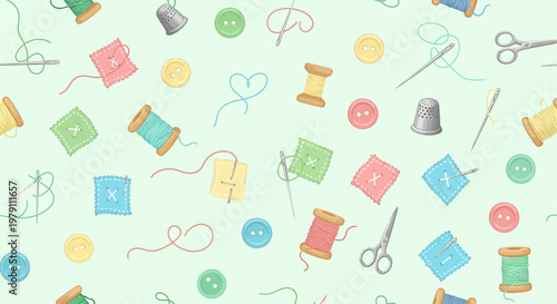 Cute Sewing Supplies Seamless Pattern: Threads, Needles, Buttons, Thimbles, Scissors on Pastel Background