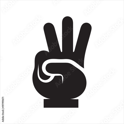 Flat icon hands - three fingers up sign. Number three gesture, body language symbol. Vector illustration on gray background