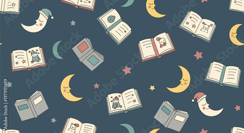 Cute Sleepy Moon and Books Seamless Pattern, Bedtime Story Theme