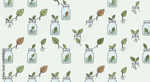 Plant Sprouts Growing in Jars with Water, Repeating Pattern Background