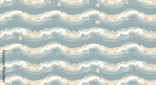 Seamless Pattern of Gentle Ocean Waves with Seashells and Sand on a Blue Background