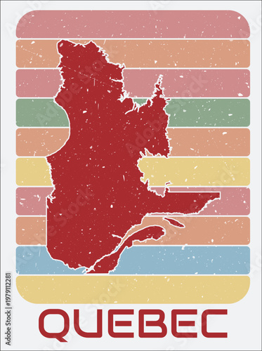 Quebec, Canada vintage logo. Shape of the province on retro colored stripes background. Quebec, Canada map design with grunge scratch texture. Vector illustration.