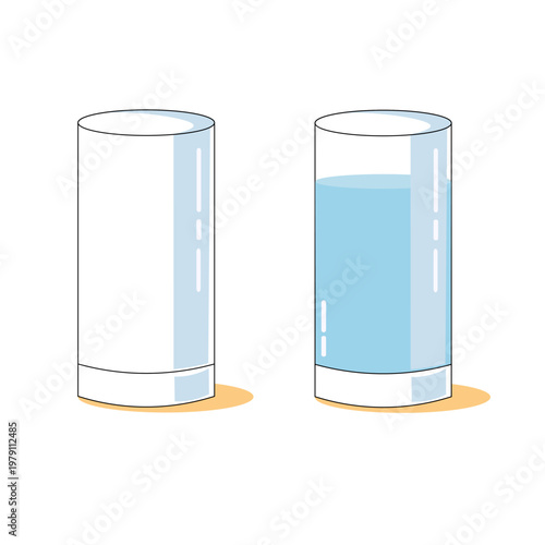 Vector illustration of two glasses of water, one empty and one half full. This simple and clean design represents hydration, comparison concepts, and educational materials for kids. Perfect for learns