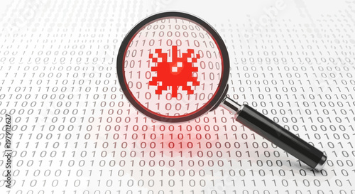 Magnifying glass showing red virus on binary code background