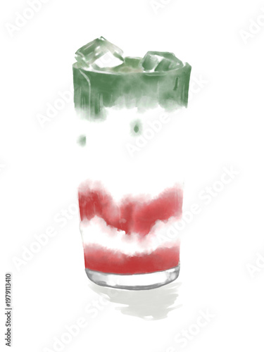 Watercolor Iced Strawberry Matcha Latte Illustration Isolated on Transparent Background