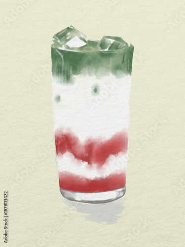 Watercolor Illustration of an Iced Strawberry Matcha Latte with Layers and Ice Cubes
